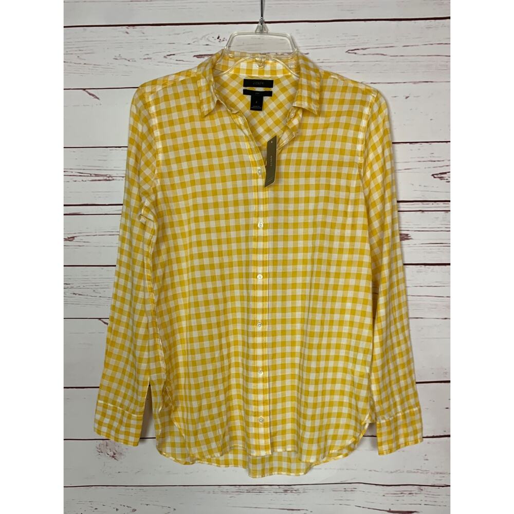 J.Crew Women's Size 2 Boy Fit Yellow Gingham Classic Plaid Button NEW TAGS Top
